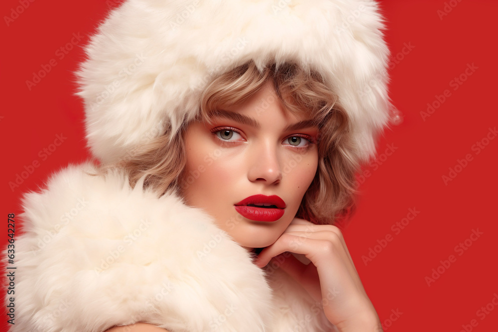 Beautiful woman in winter fashion elegance. Glamorous portrait on red background.