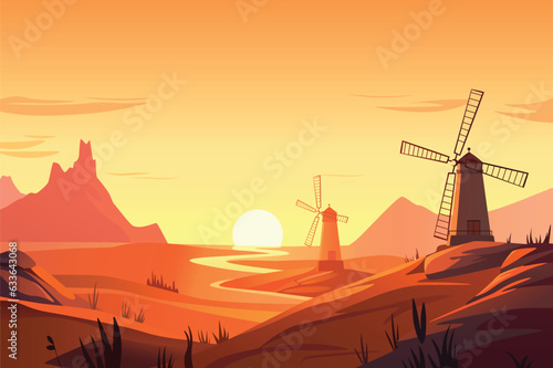 Background sunset in a field with windmills. An artistic representation showcasing a beautifully designed sunset on the field of windmills in an illustration. Vector illustration.