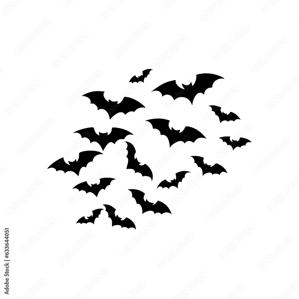 Cave black bats group, vector Halloween background. Flying fox night creatures illustration. Silhouettes of flying bats traditional Halloween symbols.