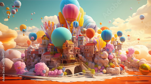 Colorful 3D wallpapers illustrating a surreal dream world, with gravity-defying architecture, levitating objects, and surreal landscapes that challenge the laws of physics, Illustration, digital art