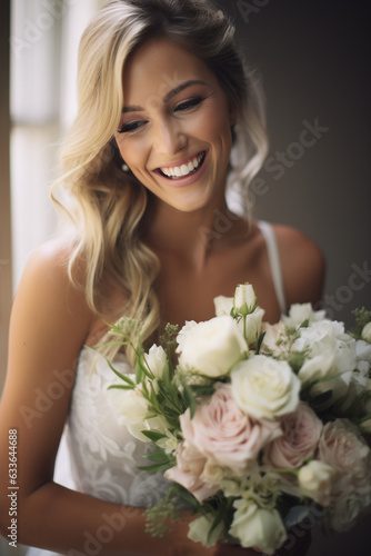 Bride portrait holding wedding flower bouquet