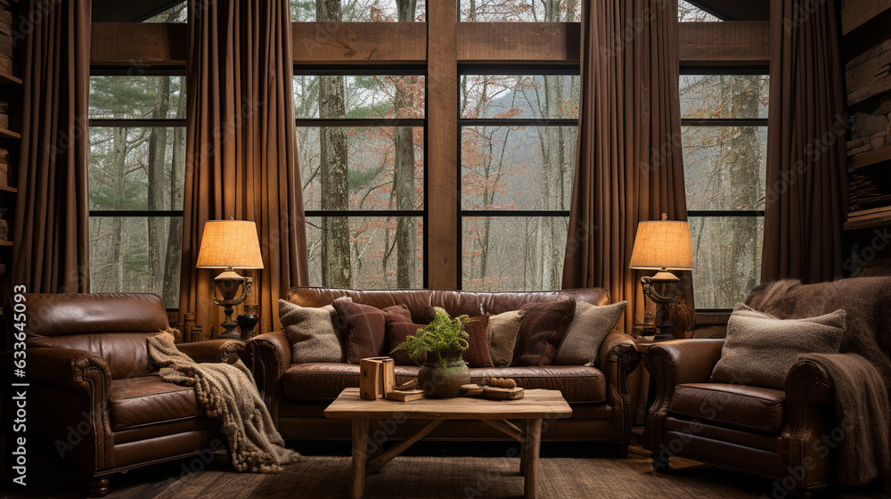 Obraz premium Rustic Retreat: Burlap Curtains Hanging in a Cozy Cabin, Adding a Rustic Touch to the Interiors