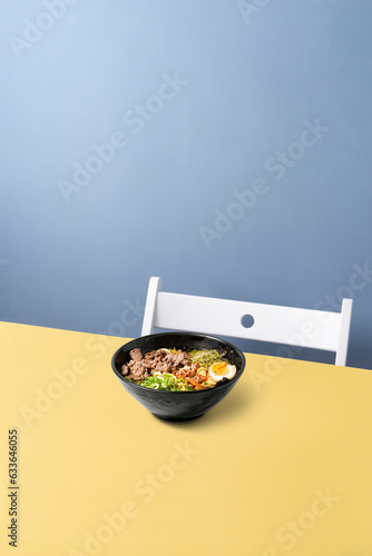 Photo of Japanese ramen soup on the background