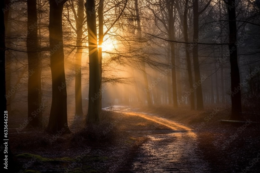 Sun light through trees and fog in forest