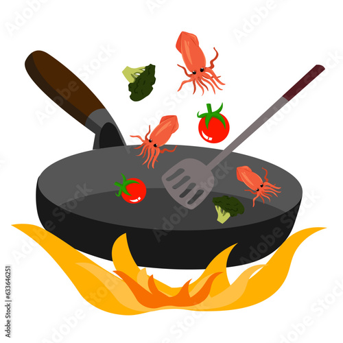squid seafood mixing in a frying pan