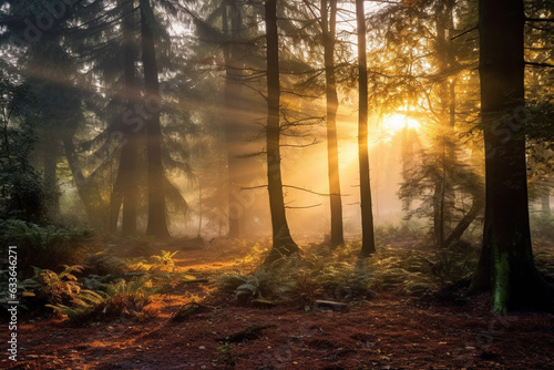 Sun light through trees and fog in forest