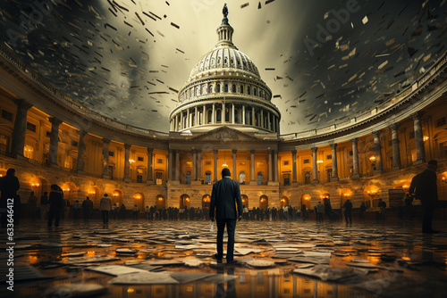 illustration of man and the Capitol in Washington D.C., USA and corrupt money