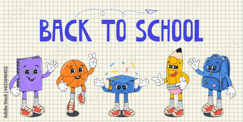 Banner with school supplies groovy characters in gloves with quotes Back to school in flat retro classic cartoon style of 60s 70s. Bagpack, basket ball,copybook, pencil, square hat