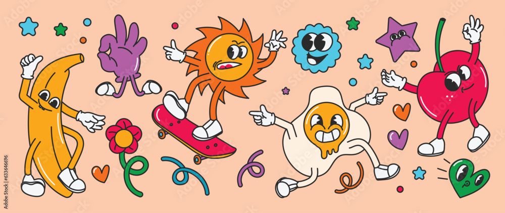 Set of 70s groovy element vector. Collection of cartoon characters, doodle smile face, banana, egg, sun, skateboard, cherry, star. Cute retro groovy hippie design for decorative, sticker. Set of 70s groovy element vector. Collection of cartoon characters, doodle smile face, banana, egg, sun, skateboard, cherry, star. Cute retro groovy hippie design for decorative, sticker.