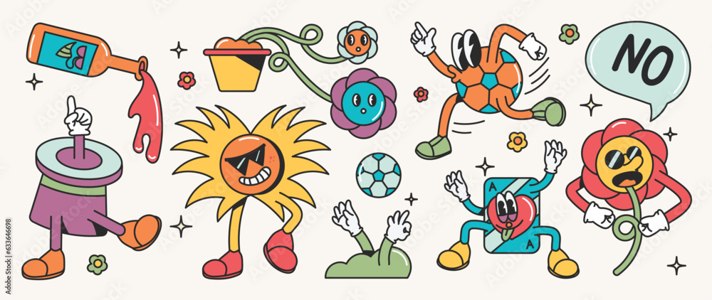 Set of 70s groovy element vector. Collection of cartoon characters, doodle smile face, bottle, vase, flower, ball, sun, cloud, speech bubble. Cute retro groovy hippie design for decorative, sticker.