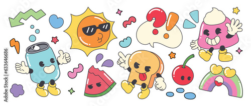 Set of 70s groovy element vector. Collection of cartoon characters, doodle smile face, sun, pudding, cherry, watermelon, rainbow, bread, can. Cute retro groovy hippie design for decorative, sticker.