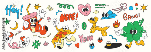 Set of 70s groovy element vector. Collection of cartoon characters, doodle smile face, pizza, balloon, heart, cup, rocket, leaf, star, moon. Cute retro groovy hippie design for decorative, sticker.