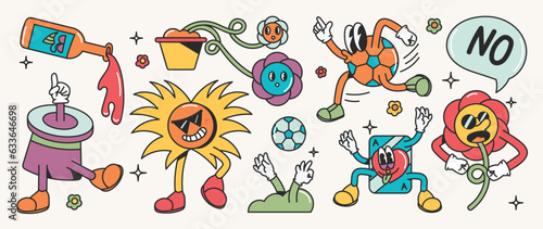Set of 70s groovy element vector. Collection of cartoon characters, doodle smile face, bottle, vase, flower, ball, sun, cloud, speech bubble. Cute retro groovy hippie design for decorative, sticker.