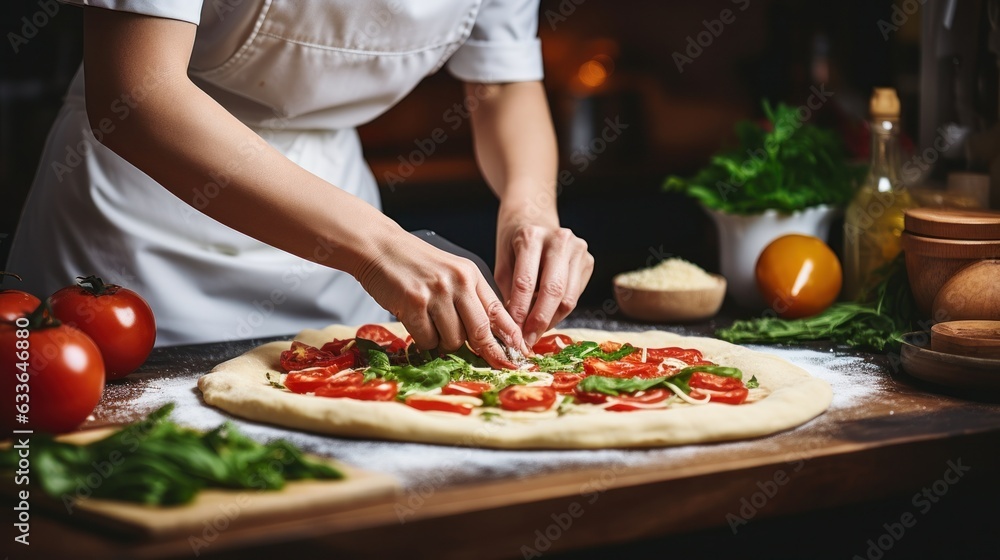 Woman is cooking italian pizza