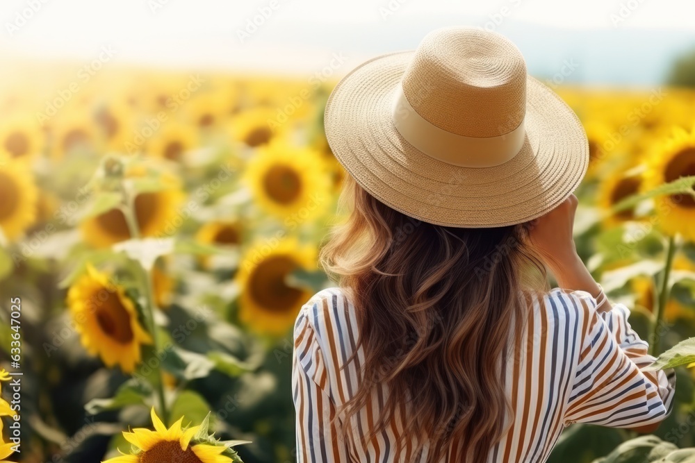 Beautiful woman in a straw hat standing in a sunflower field