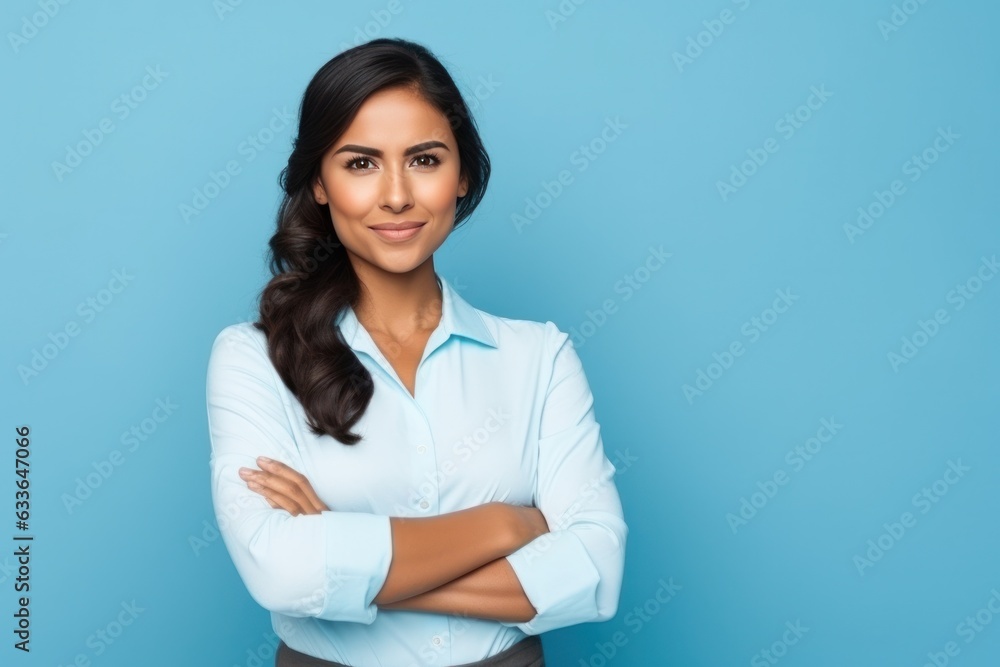 Woman posing with arms crossed on blue background Woman posing with arms crossed on blue background