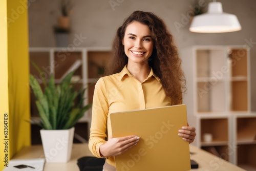 Beautiful young professional woman holding office folder while standing in th...