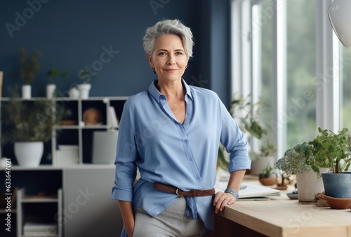 Attractive elderly woman standing in office at home