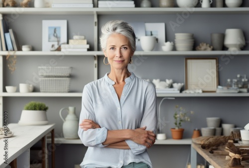 Attractive elderly woman standing in office at home