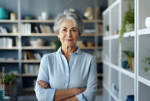 Attractive elderly woman standing in office at home