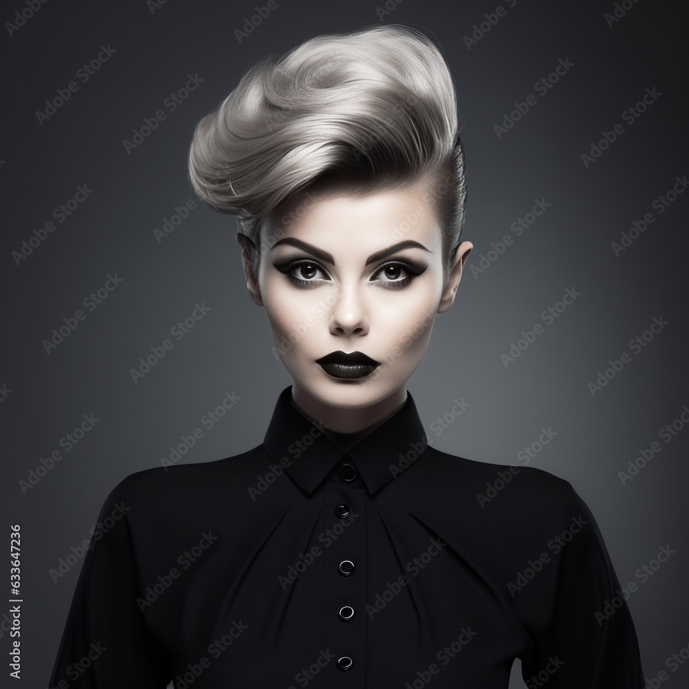 Beautiful woman in a black and white photo, in the style of fashion shapes Beautiful woman in a black and white photo, in the style of fashion shapes