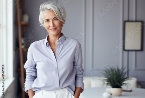 Attractive elderly woman standing in office at home