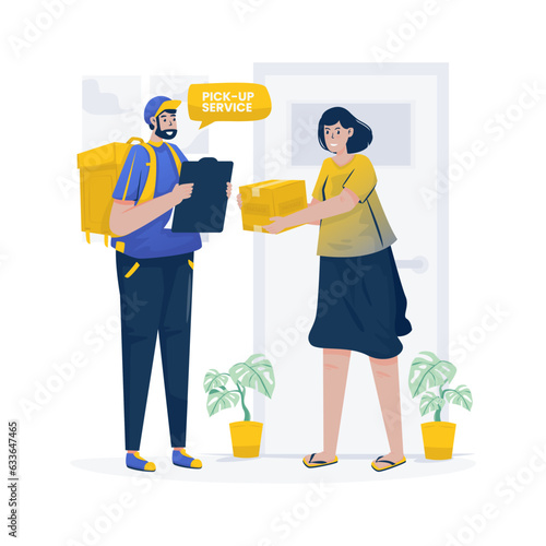 Courier service picks up package at home illustration