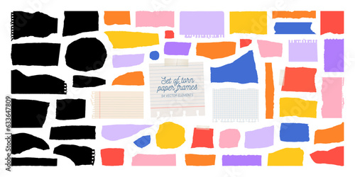 Paper for notes big collection. Blank notepad elements with ragged edges. Stationery background. Vector illustration