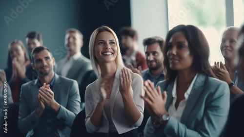 Conference  team of coworkers clapping hands for success of presentation  Support  achievement and diverse group of people applauding together in business meeting. 