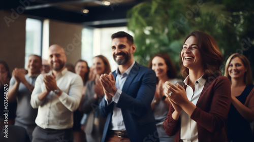 Conference, team of coworkers clapping hands for success of presentation  Support, achievement and diverse group of people applauding together in business meeting. 