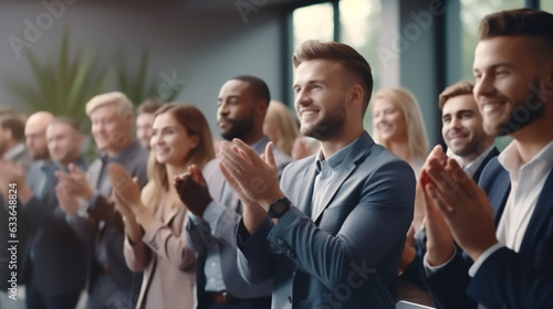 Conference, team of coworkers clapping hands for success of presentation Support, achievement and diverse group of people applauding together in business meeting. 