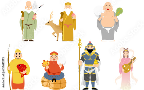 Seven gods of good fortune: Ebisu, Daikokuten, Bishamonten, Benzaiten, Fukurokuju, Jurojin, and Hotei.