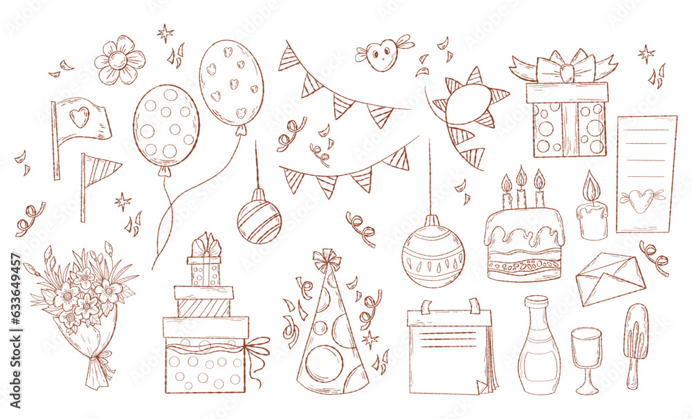 Fototapeta premium Collection Happy Birthday and Christmas holiday doodles. Hand drawn outline party decoration, gift box, bouquet, balloons and garland. Vector illustration isolated party sketch on white background