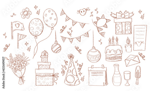 Collection Happy Birthday and Christmas holiday doodles. Hand drawn outline party decoration, gift box, bouquet, balloons and garland. Vector illustration isolated party sketch on white background