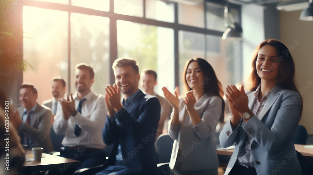 Conference, team of coworkers clapping hands for success of presentation Support, achievement and diverse group of people applauding together in business meeting. Conference, team of coworkers clapping hands for success of presentation Support, achievement and diverse group of people applauding together in business meeting.