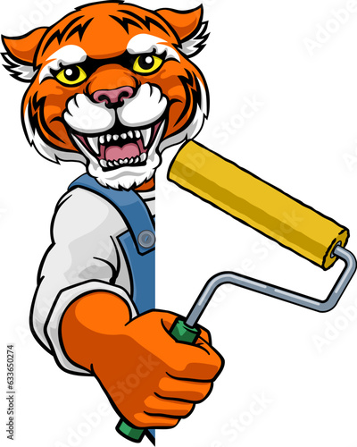 A tiger painter decorator handyman cartoon construction man mascot character holding a paint roller tool
