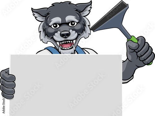 A wolf window cleaner or car wash cleaning cartoon mascot man holding a squeegee washing tool