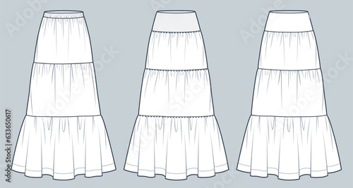 Set of Tiered Skirts technical fashion illustration. Maxi Skirt with different waistband fashion flat technical drawing template, rib, zipper, elastic band, front view, white, women CAD mockup set.