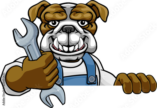 A bulldog cartoon animal mascot plumber, mechanic or handyman builder construction maintenance contractor peeking around a sign holding a spanner or wrench
