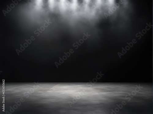 Dark room or stage with concrete floor background for product placement. Panoramic view of the abstract fog.