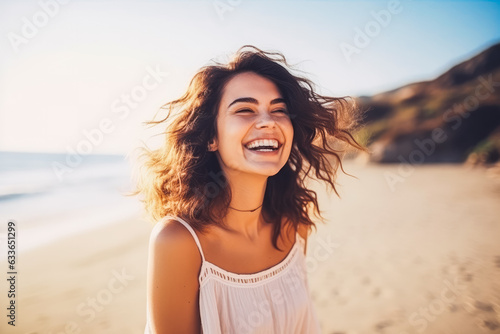 Happy beautiful young woman smiling at the beach.