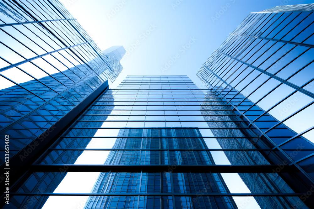 Obraz premium Generic blue modern building in city. Symbol of success and business. Urban concept.