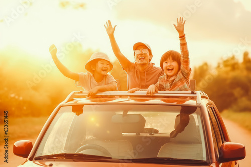 Family happy traveling enjoy vacation with car travel.