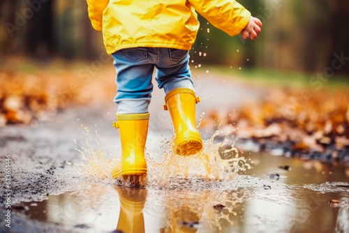Feet of child in yellow rubber boots jumping over puddles in rain. Happy child.