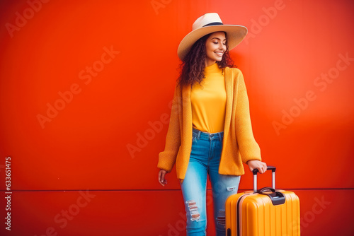 Ethnic woman traveler walking with suitcase. Yellow and red colors
