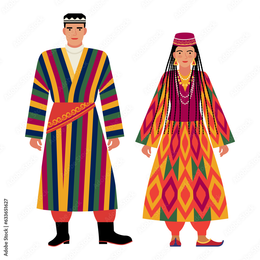 girl and young man in Uzbek folk costume isolated on a white background. couple of young people in the national traditional clothes of Uzbekistan. flat drawing in cartoon style. stock vector EPS 10.