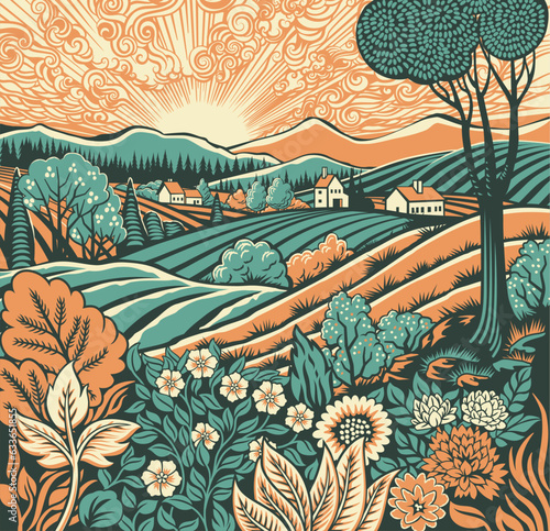 Rolling hills, fields and farm or vineyards background illustration. Wild flowers, plants in foreground. Forests, mountains in background. In intage retro woodcut or lino print or linoleum cut style