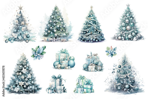 water color cute Pastel Blues, Teal, Silver, and White Christmas trees present gift boxes and holly berries vector