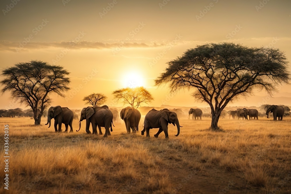 Fototapeta premium herd of elephants at sunset