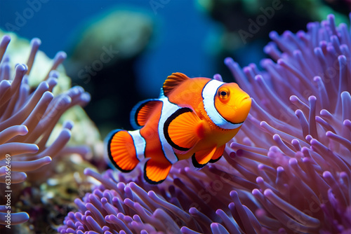 Beautiful clownfish and blue cichlid swimming